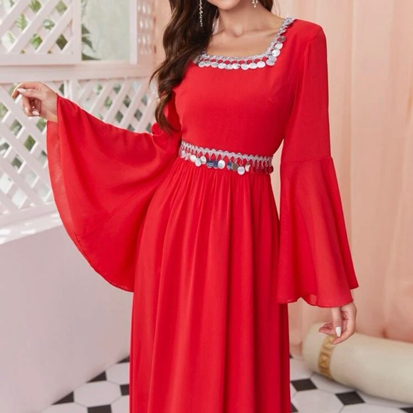 Red Flounce Sleeve Sequin Dress - Picture 4 of 13